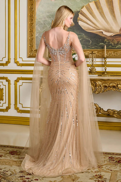 Embellished Straps V Neckline Zipper Fitted Dress With Detachable Cape Sleeves