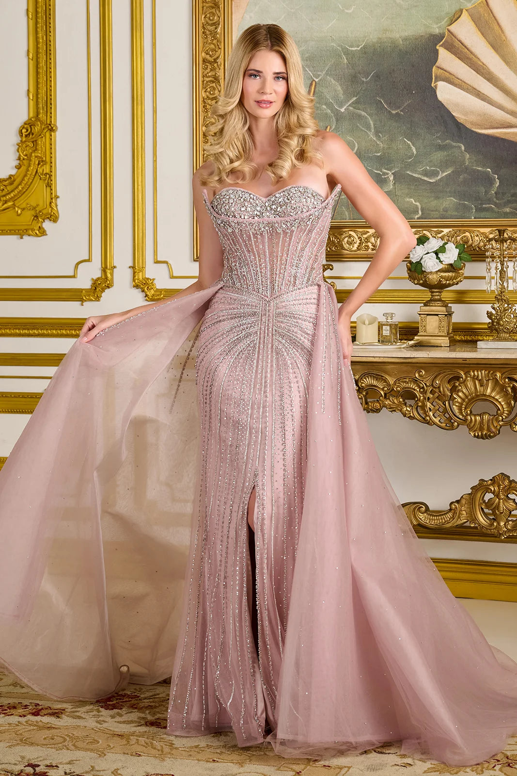 Strapless Sweetheart Neckline Zipper A Line Slit Overskirt Dress With Corset Cover Layer