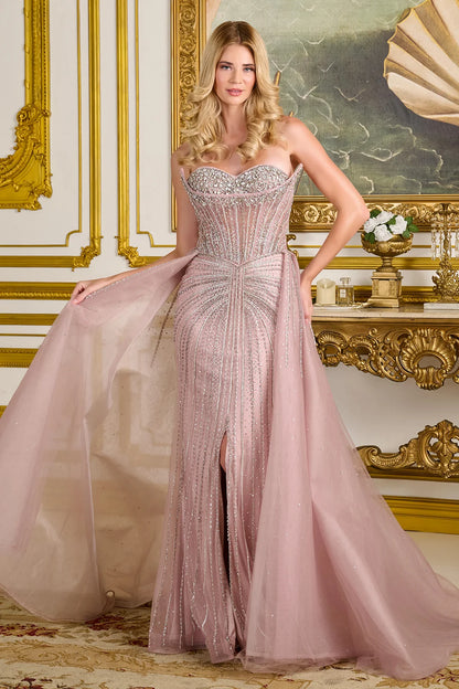 Strapless Sweetheart Neckline Zipper A Line Slit Overskirt Dress With Corset Cover Layer
