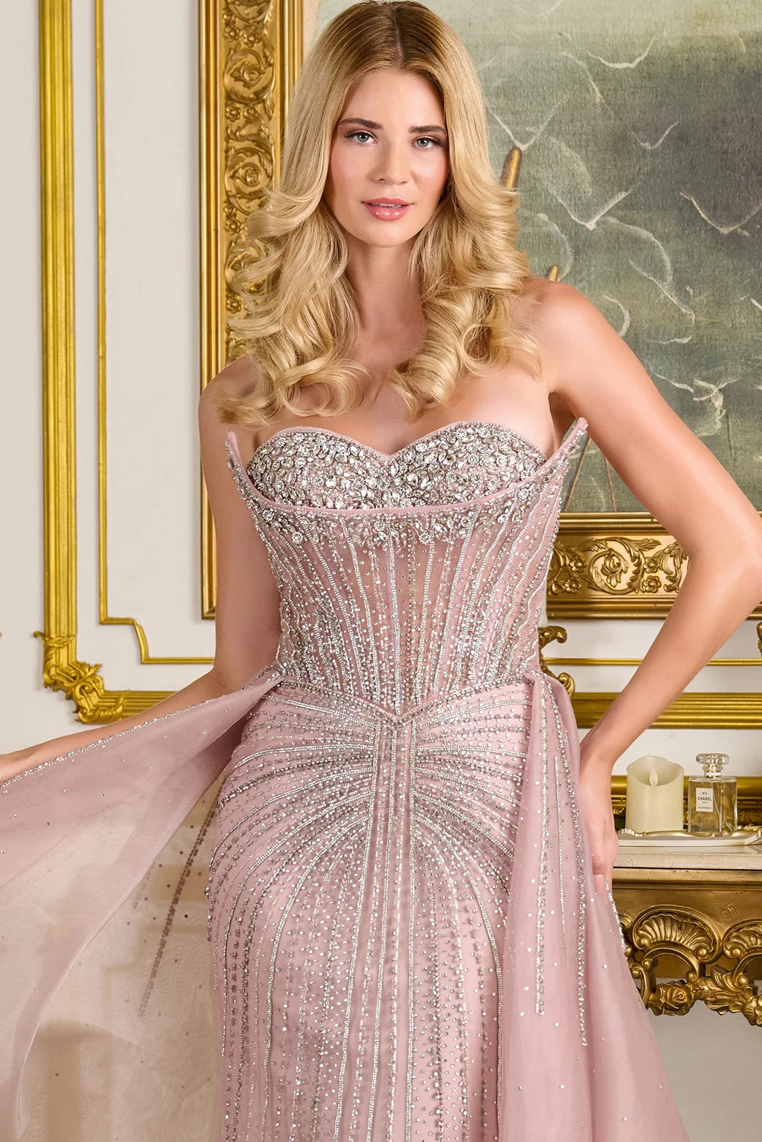 Strapless Sweetheart Neckline Zipper A Line Slit Overskirt Dress With Corset Cover Layer