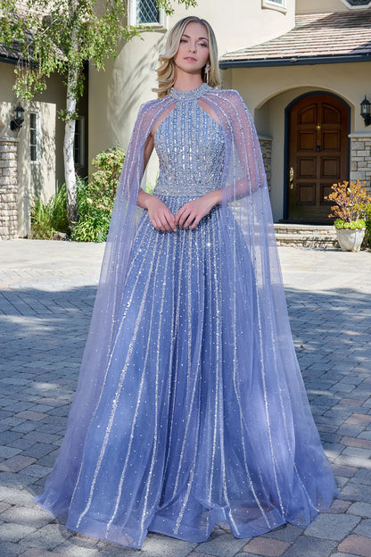 Embellished Mock Halter Neckline Raglan Cape Sleeves Zipper A Line Dress