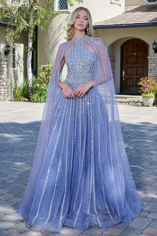 Embellished Mock Halter Neckline Raglan Cape Sleeves Zipper A Line Dress