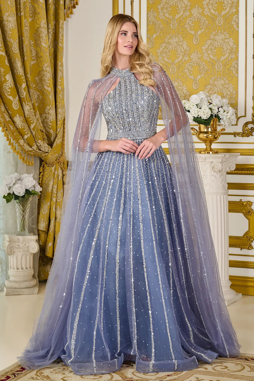 Embellished Mock Halter Neckline Raglan Cape Sleeves Zipper A Line Dress