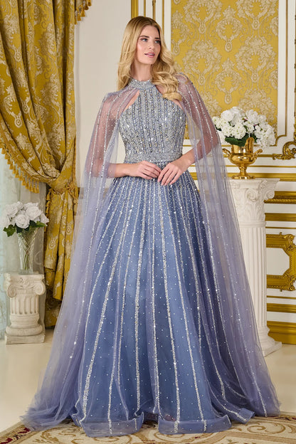 Embellished Mock Halter Neckline Raglan Cape Sleeves Zipper A Line Dress