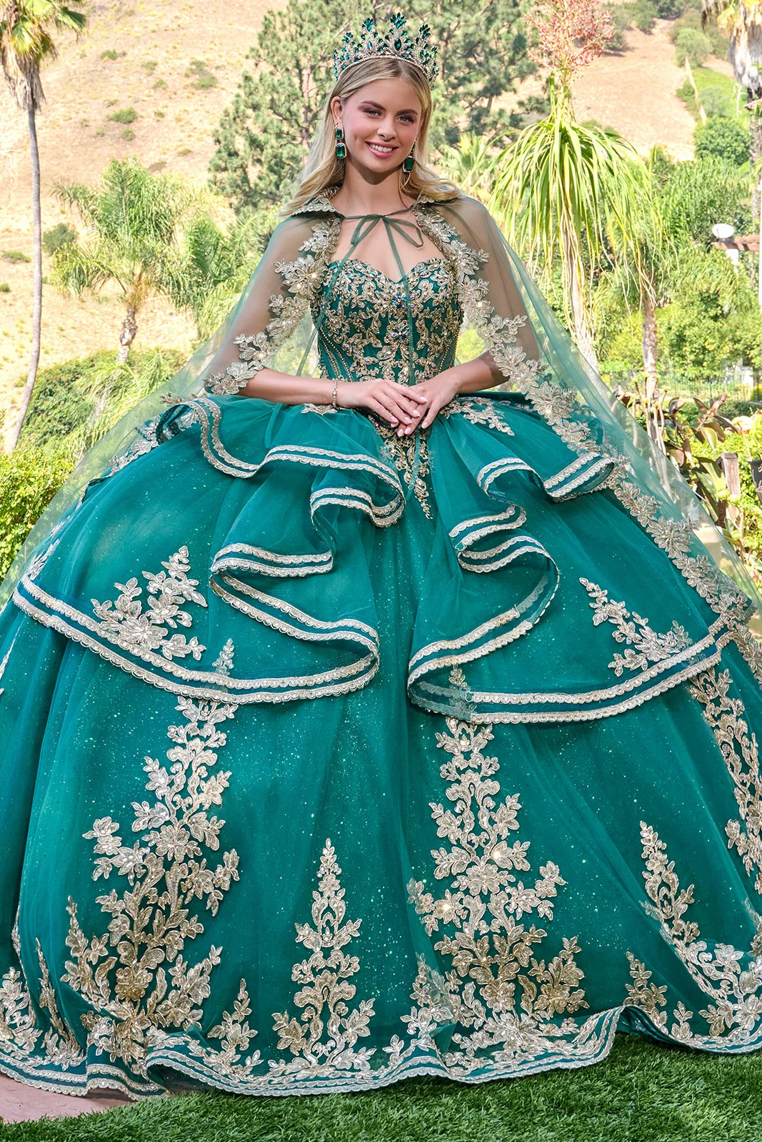 Strapless Cascading Waist Ruffles Gown With Detachable Back Bow And Matching Cape Train