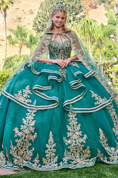 Strapless Cascading Waist Ruffles Gown With Detachable Back Bow And Matching Cape Train