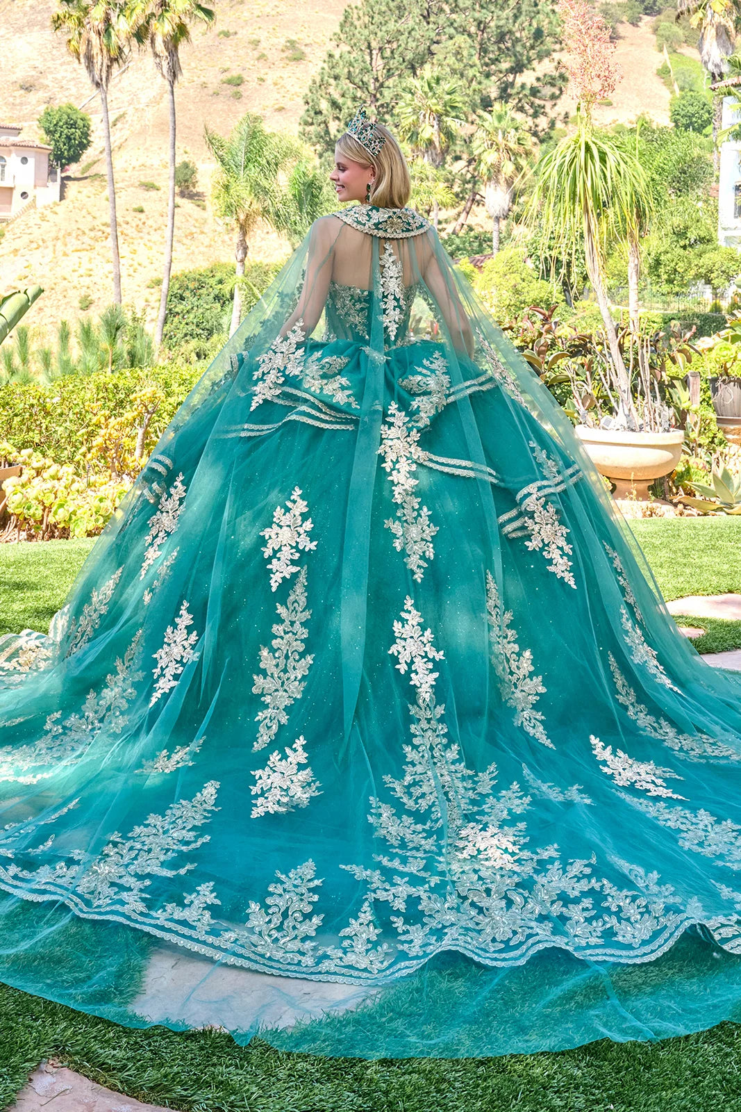 Strapless Cascading Waist Ruffles Gown With Detachable Back Bow And Matching Cape Train