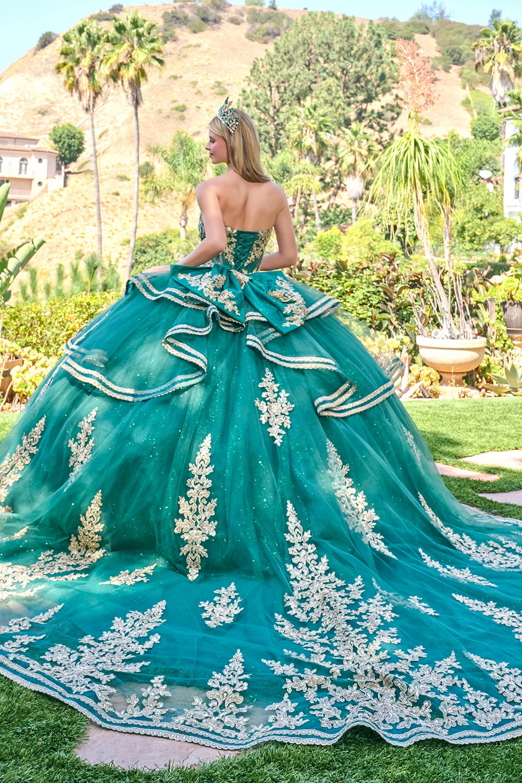 Strapless Cascading Waist Ruffles Gown With Detachable Back Bow And Matching Cape Train