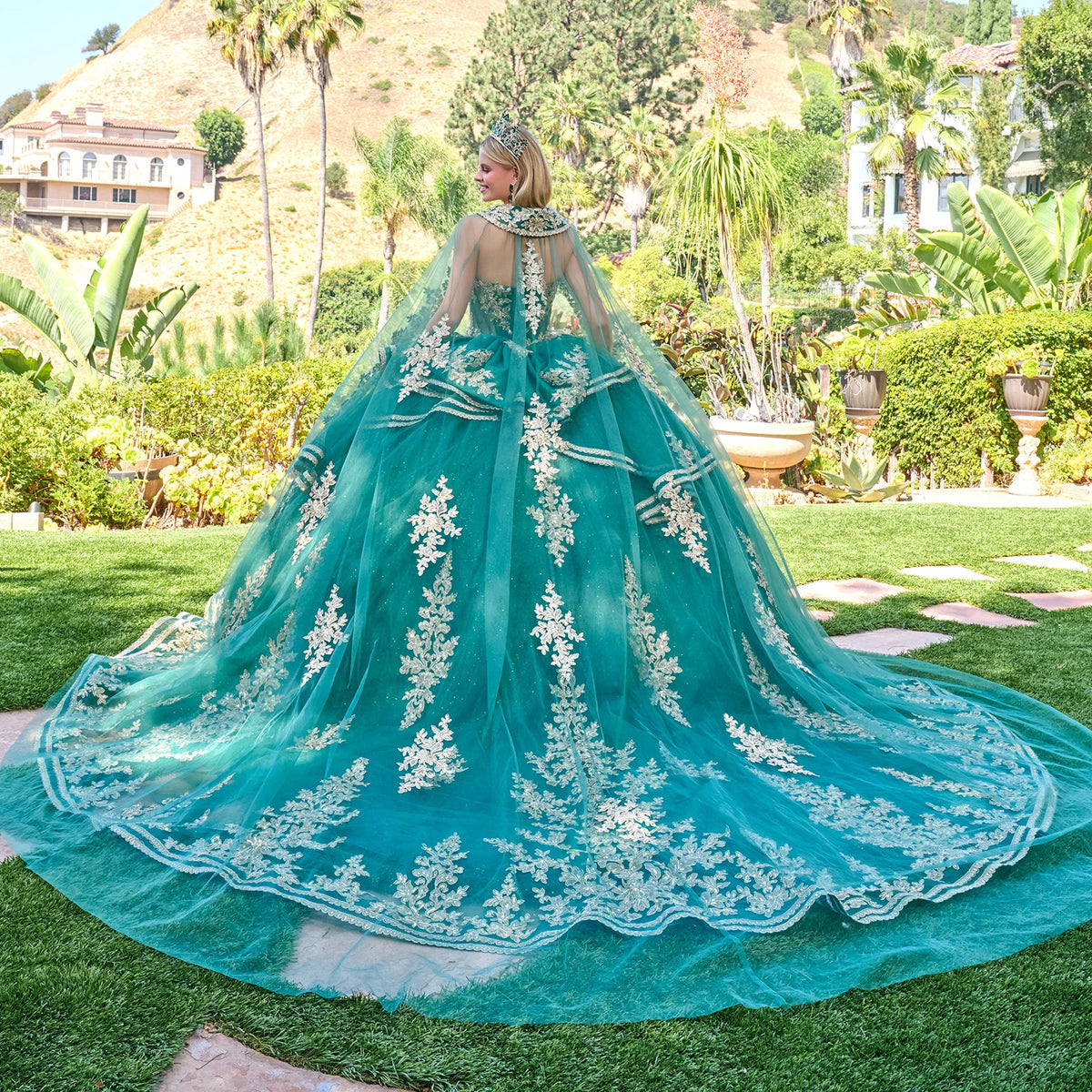 Strapless Cascading Waist Ruffles Gown With Detachable Back Bow And Matching Cape Train