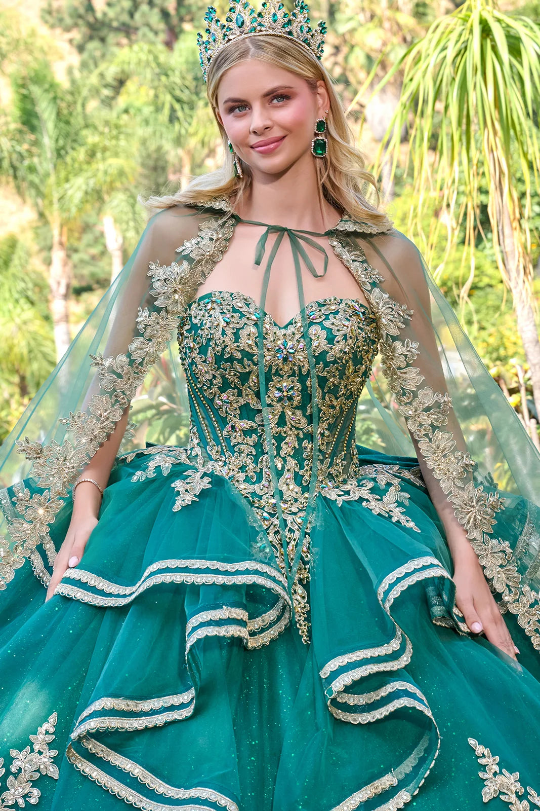 Strapless Cascading Waist Ruffles Gown With Detachable Back Bow And Matching Cape Train