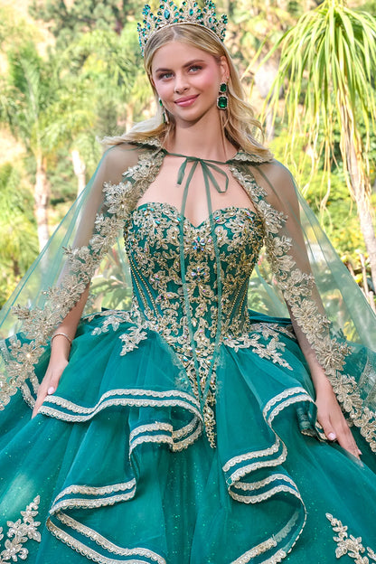 Strapless Cascading Waist Ruffles Gown With Detachable Back Bow And Matching Cape Train