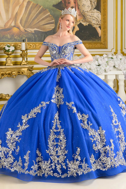 Embellished Fold Over Off Shoulder Straps Corset Bodice Train Ball Gown With Detachable Back Bow