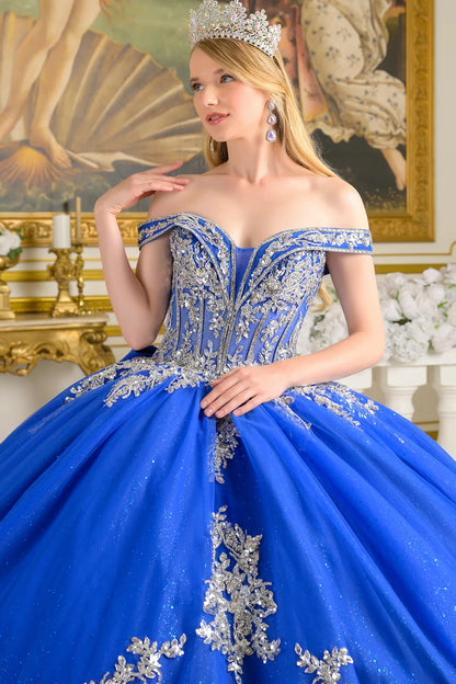 Embellished Fold Over Off Shoulder Straps Corset Bodice Train Ball Gown With Detachable Back Bow
