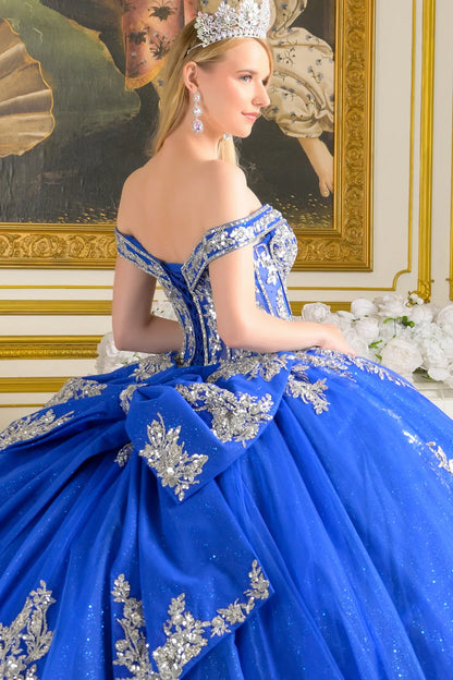 Embellished Fold Over Off Shoulder Straps Corset Bodice Train Ball Gown With Detachable Back Bow