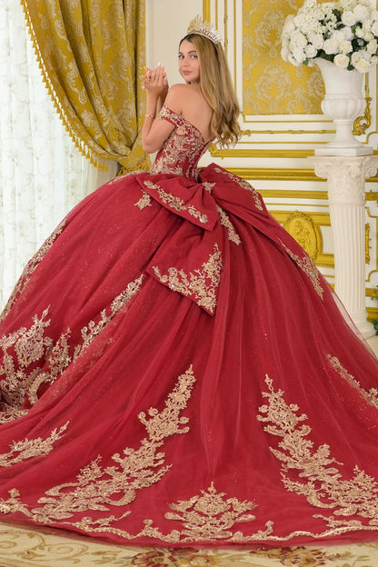 Off Shoulder Embellished V Neckline Corset Bodice Train Ball Gown With Detachable Bow