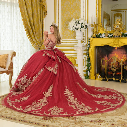 Off Shoulder Embellished V Neckline Corset Bodice Train Ball Gown With Detachable Bow