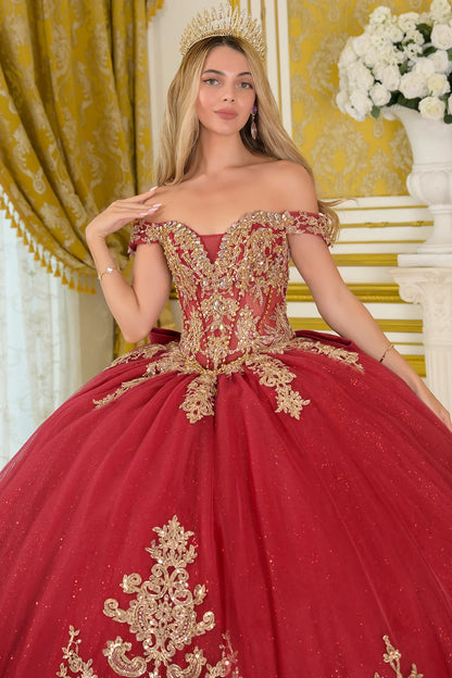 Off Shoulder Embellished V Neckline Corset Bodice Train Ball Gown With Detachable Bow
