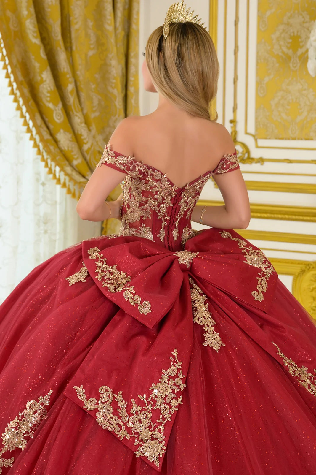 Off Shoulder Embellished V Neckline Corset Bodice Train Ball Gown With Detachable Bow