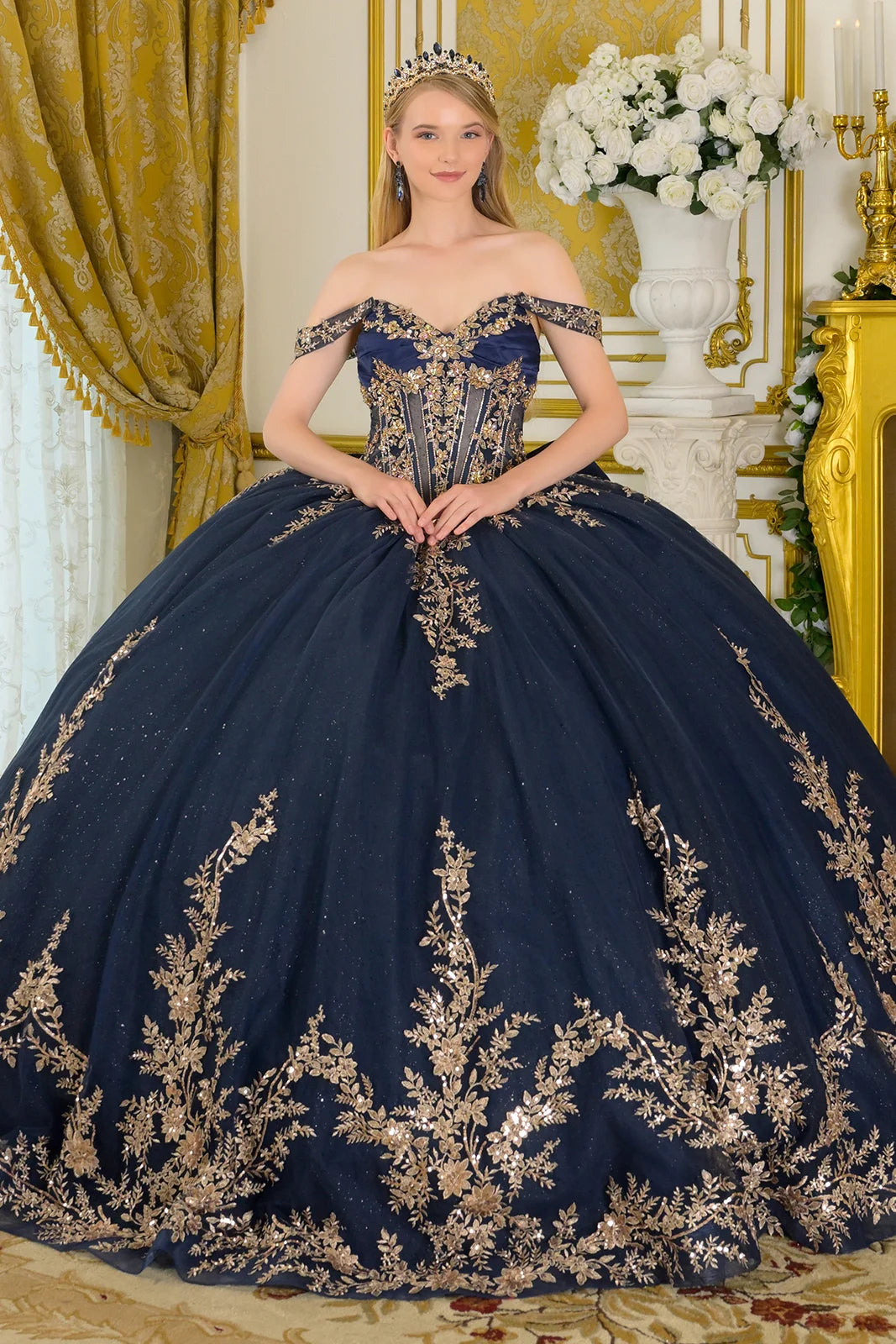 Detachable Off Shoulder Straps Pleated Satin Bust Embellished Gown With Detachable Back Bow