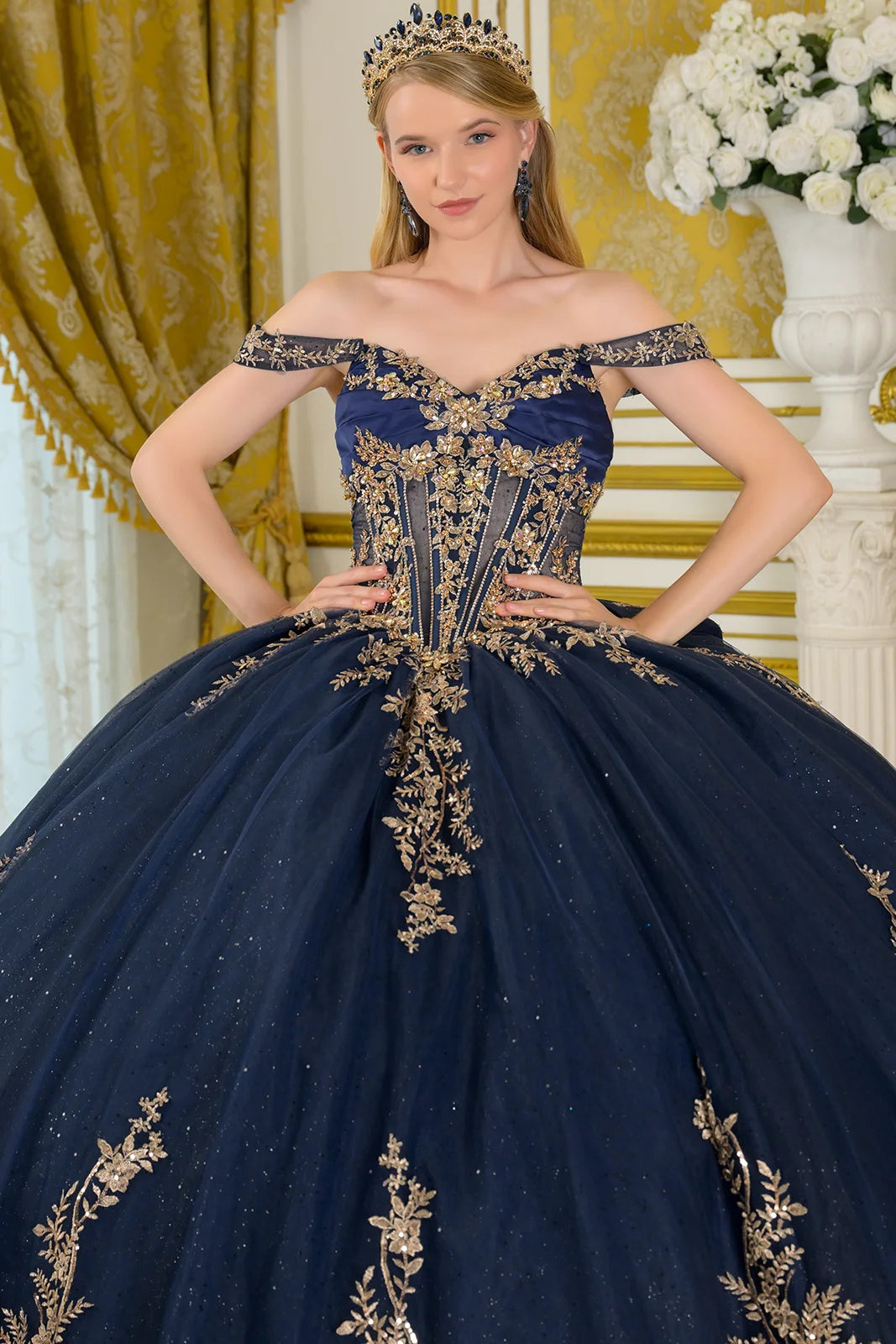 Detachable Off Shoulder Straps Pleated Satin Bust Embellished Gown With Detachable Back Bow
