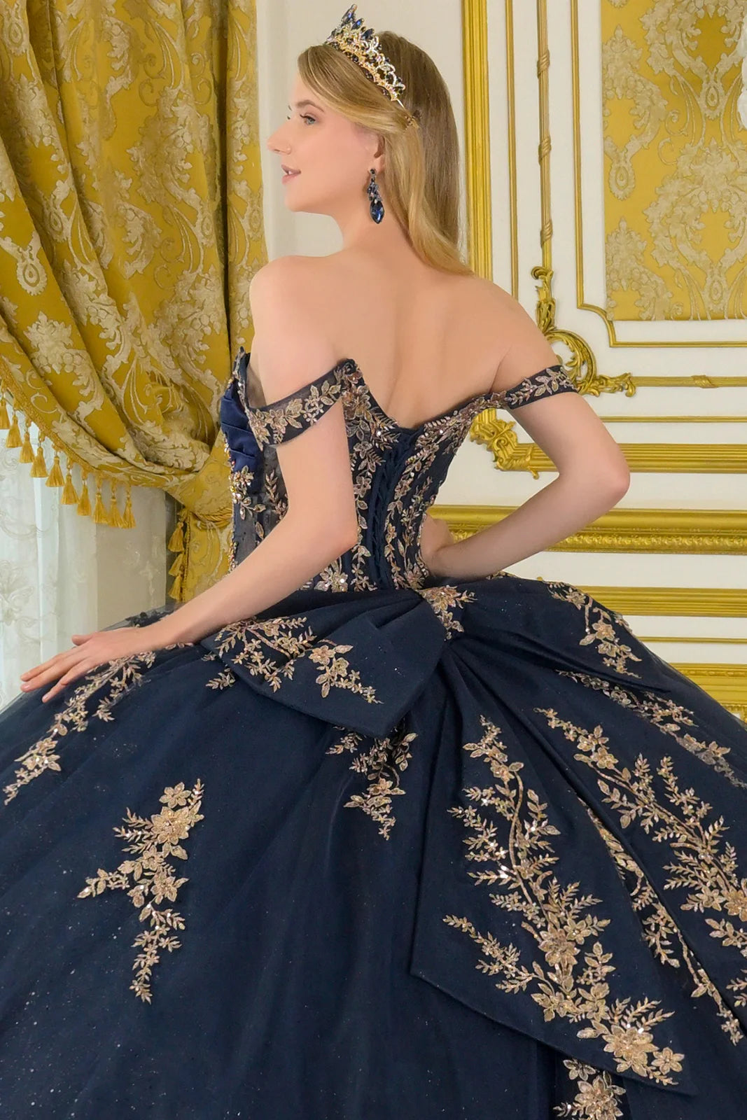 Detachable Off Shoulder Straps Pleated Satin Bust Embellished Gown With Detachable Back Bow