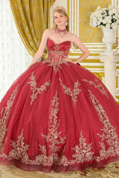 Strapless V Neckline Pleated Satin Detail Ball Gown Train With Detachable Bow Dangling Bead Choker