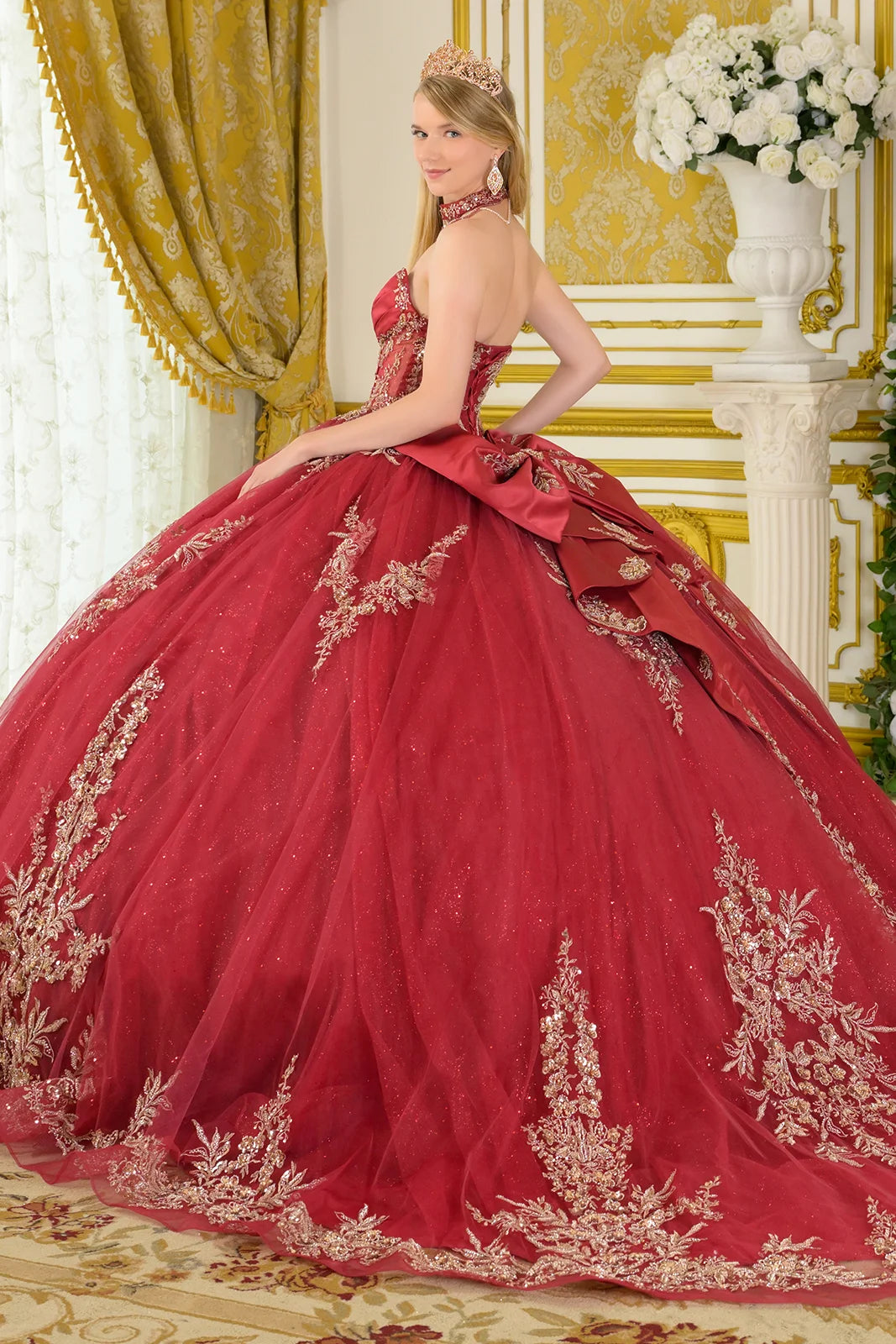 Strapless V Neckline Pleated Satin Detail Ball Gown Train With Detachable Bow Dangling Bead Choker