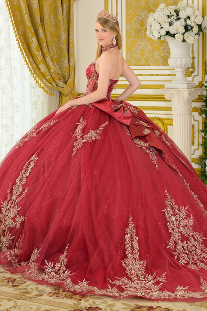 Strapless V Neckline Pleated Satin Detail Ball Gown Train With Detachable Bow Dangling Bead Choker