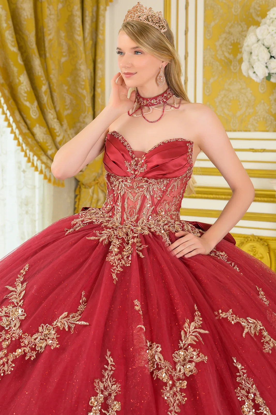 Strapless V Neckline Pleated Satin Detail Ball Gown Train With Detachable Bow Dangling Bead Choker