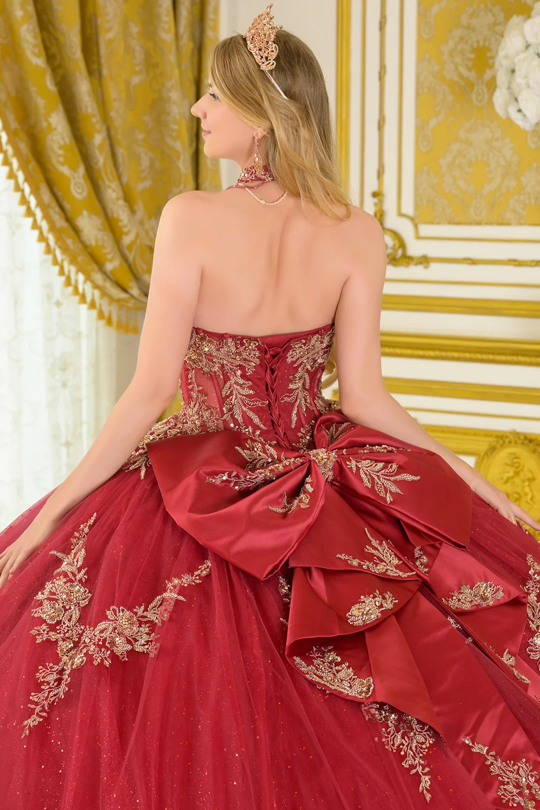 Strapless V Neckline Pleated Satin Detail Ball Gown Train With Detachable Bow Dangling Bead Choker