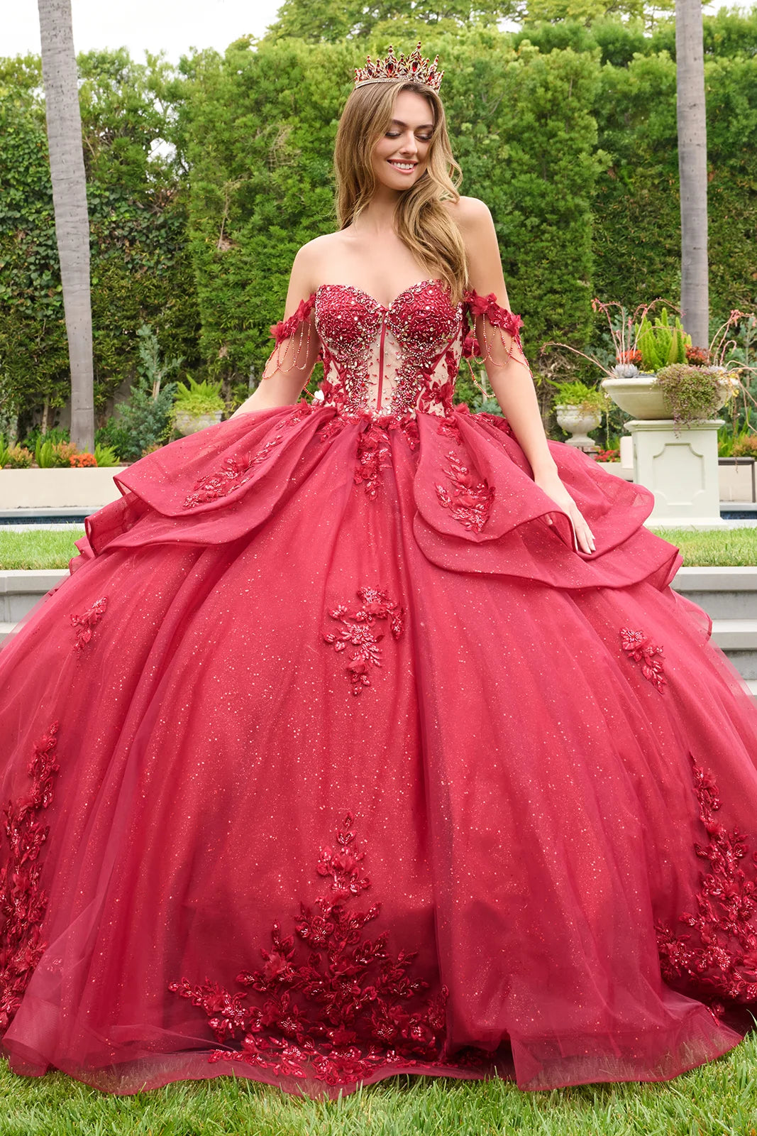 Dangling Beads Detachable Off Shoulder Straps V Neckline Layered Waist Ruffle Train Ball Gown