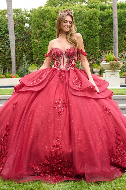 Dangling Beads Detachable Off Shoulder Straps V Neckline Layered Waist Ruffle Train Ball Gown