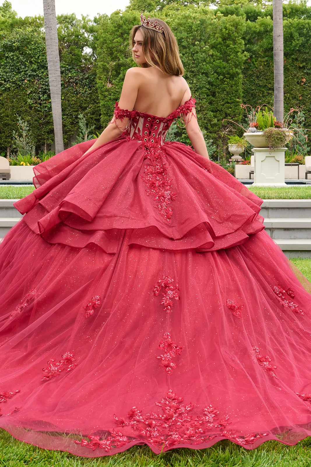 Dangling Beads Detachable Off Shoulder Straps V Neckline Layered Waist Ruffle Train Ball Gown