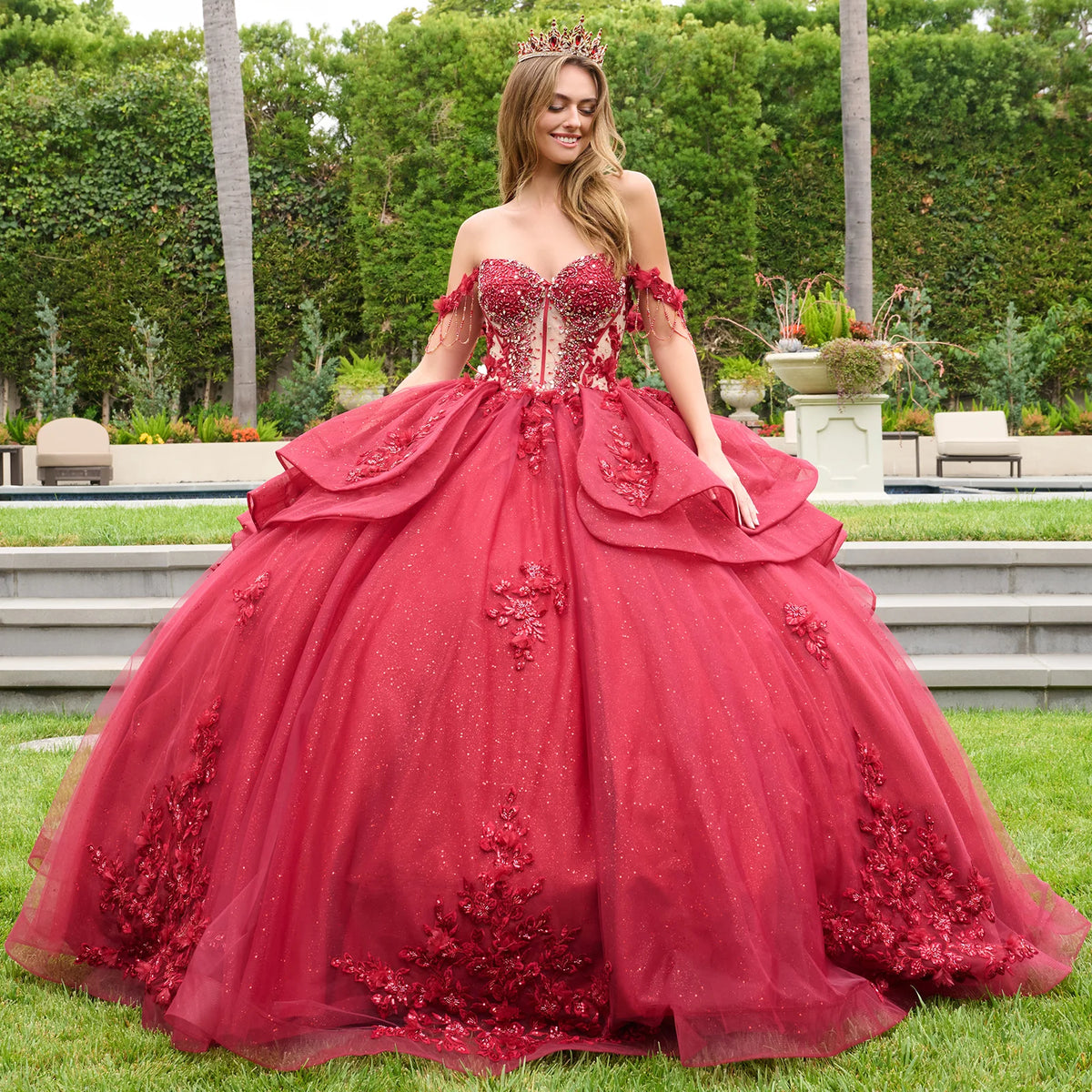 Dangling Beads Detachable Off Shoulder Straps V Neckline Layered Waist Ruffle Train Ball Gown