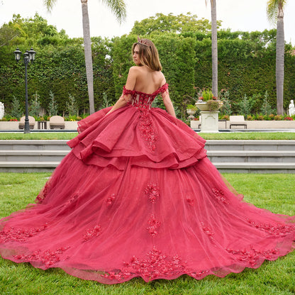 Dangling Beads Detachable Off Shoulder Straps V Neckline Layered Waist Ruffle Train Ball Gown