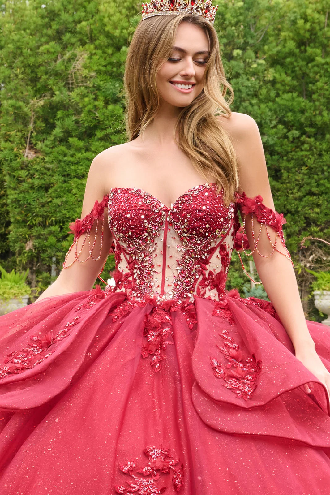 Dangling Beads Detachable Off Shoulder Straps V Neckline Layered Waist Ruffle Train Ball Gown