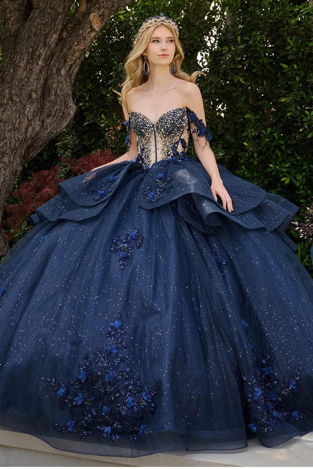 Dangling Beads Detachable Off Shoulder Straps V Neckline Layered Waist Ruffle Train Ball Gown