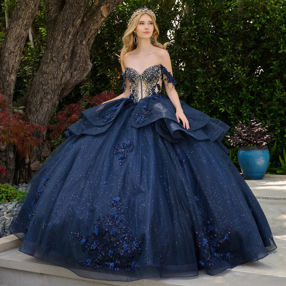 Dangling Beads Detachable Off Shoulder Straps V Neckline Layered Waist Ruffle Train Ball Gown