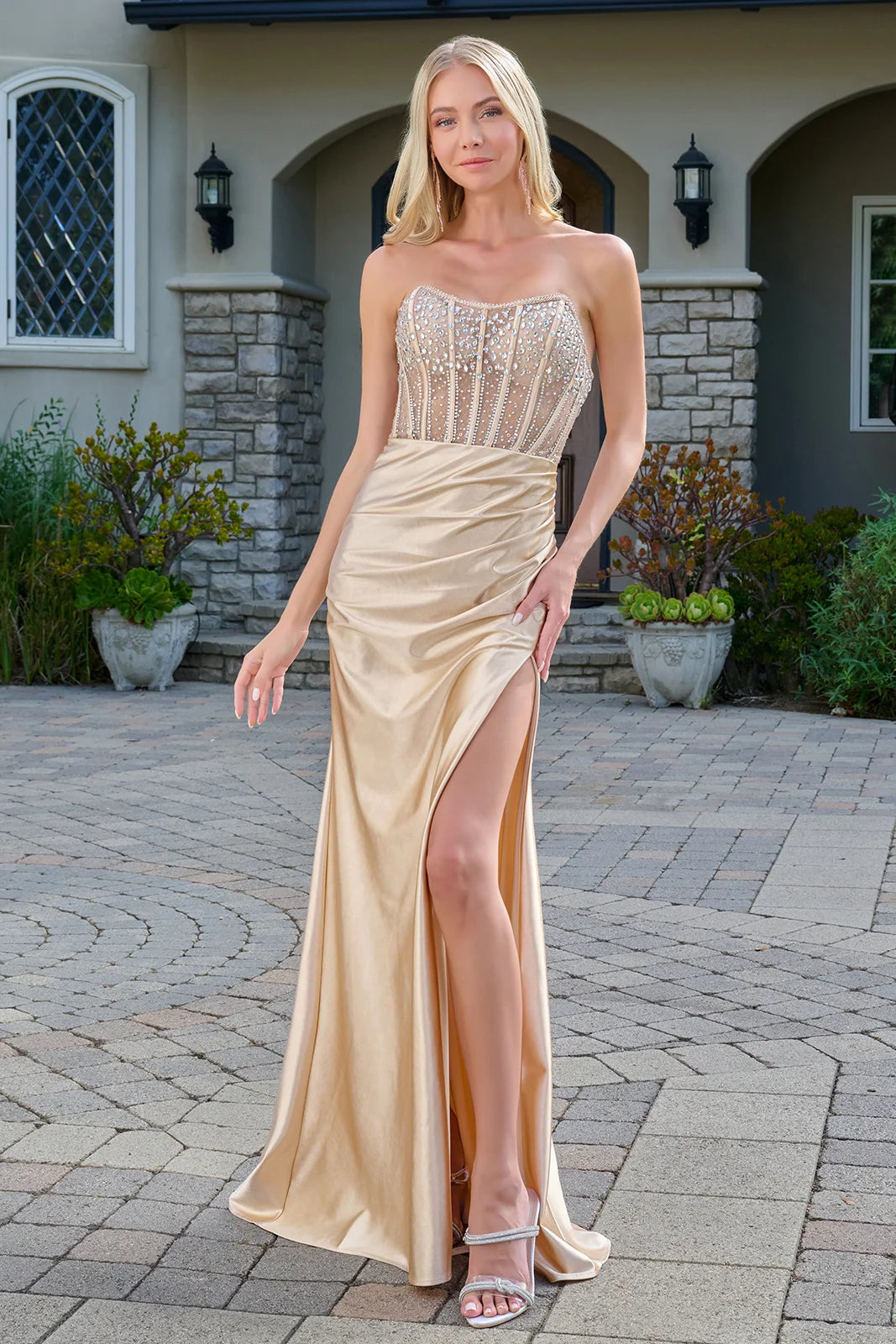 Strapless Boat Neckline Embellished Mesh Bodice Stretch Satin Pleated Detail Slit Skirt