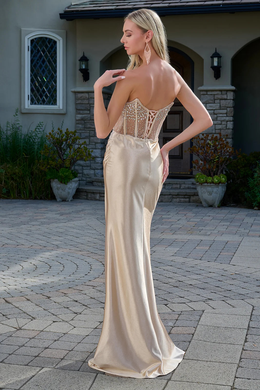 Strapless Boat Neckline Embellished Mesh Bodice Stretch Satin Pleated Detail Slit Skirt