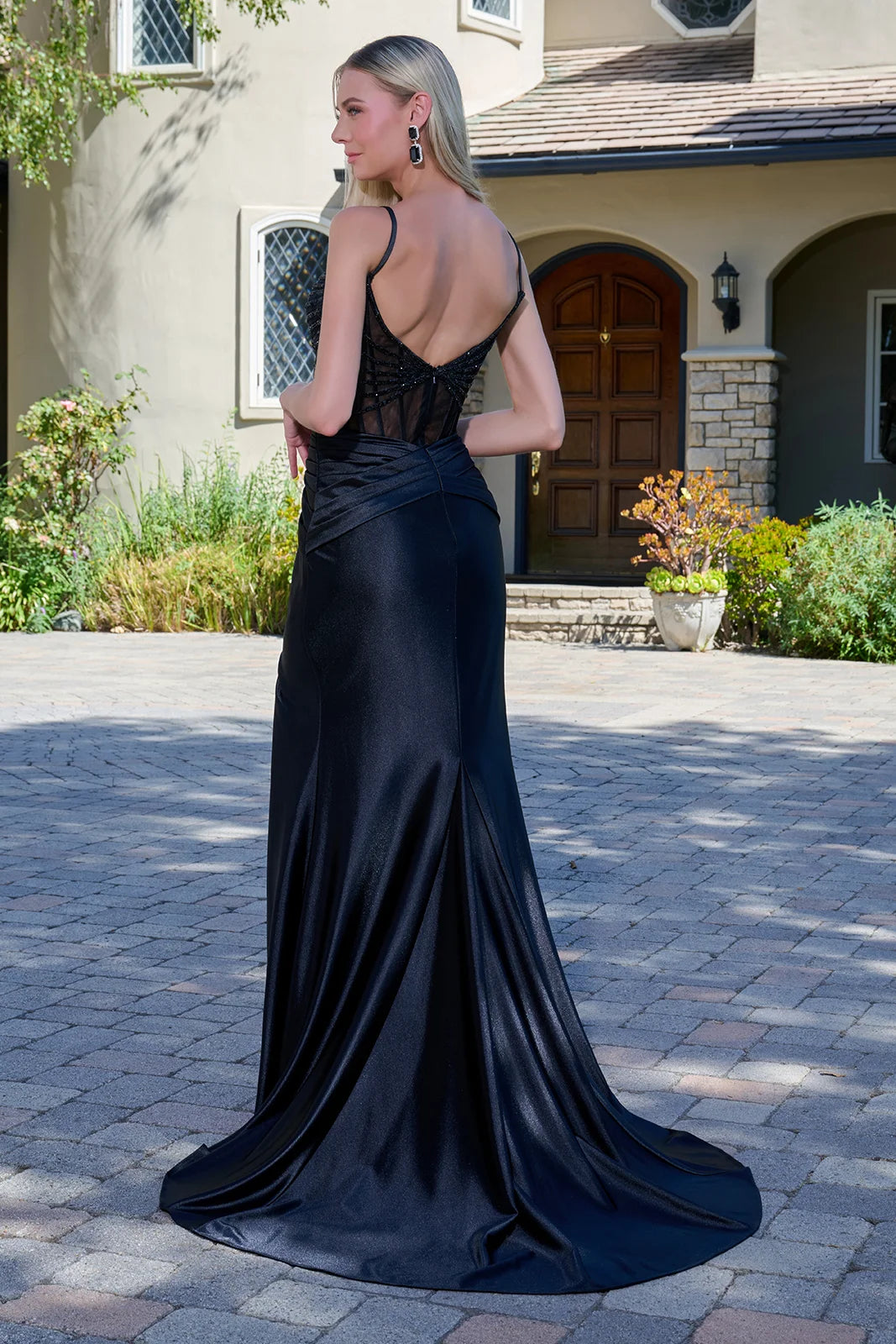 Spaghetti Straps Bejeweled Mesh Bodice Stretch Satin Slit Skirt With Cross Over Overlay Dress