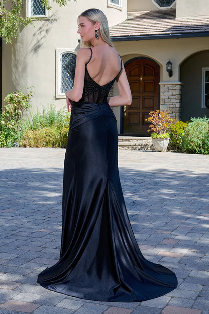 Spaghetti Straps Bejeweled Mesh Bodice Stretch Satin Slit Skirt With Cross Over Overlay Dress