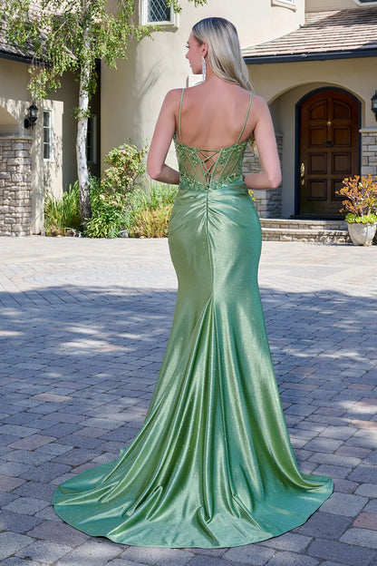 Spaghetti Strap Pleated Detail Mesh Bodice Glitter Jersey Skirt Fitted Dress With Slit