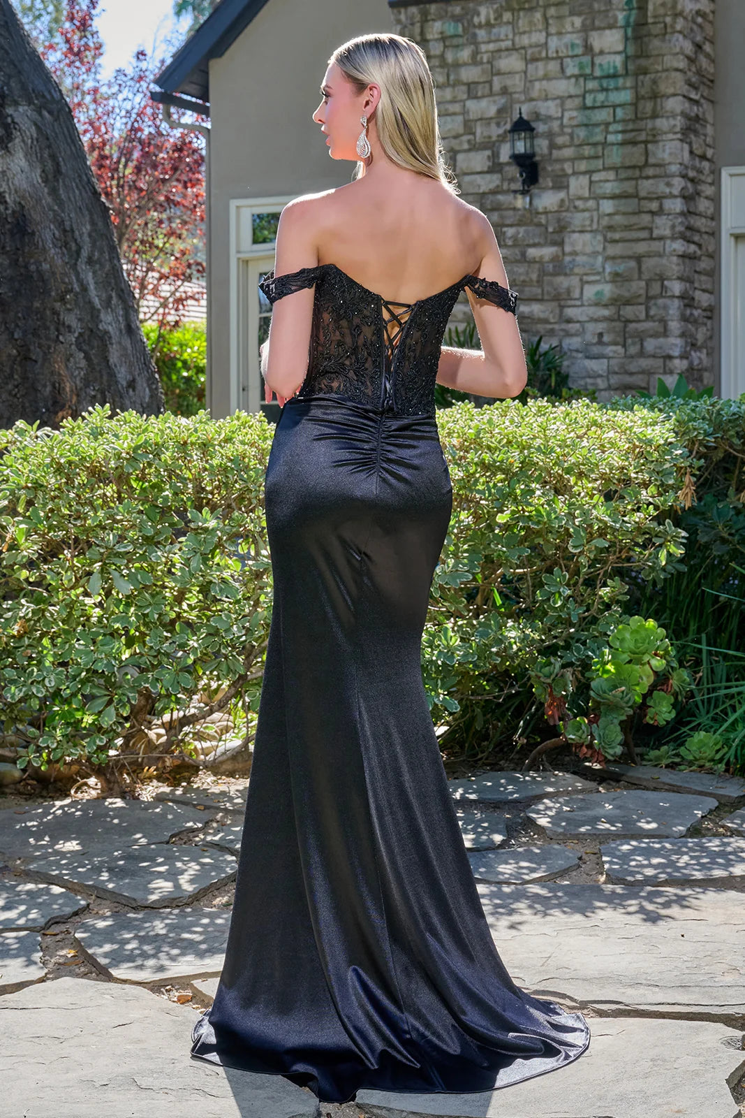 Off Shoulder Straps V Neckline Mesh Bodice Pleated Detail Stretch Satin Skirt Slit Fitted Dress