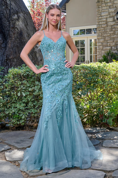 Adjustable Spaghetti Straps Embellished V Neckline Corset Bodice Trumpet Dress