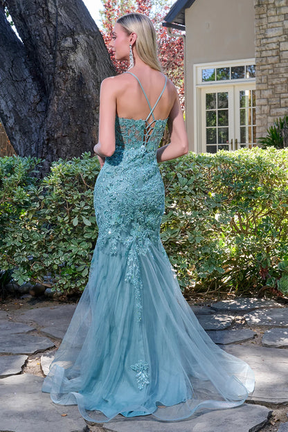 Adjustable Spaghetti Straps Embellished V Neckline Corset Bodice Trumpet Dress
