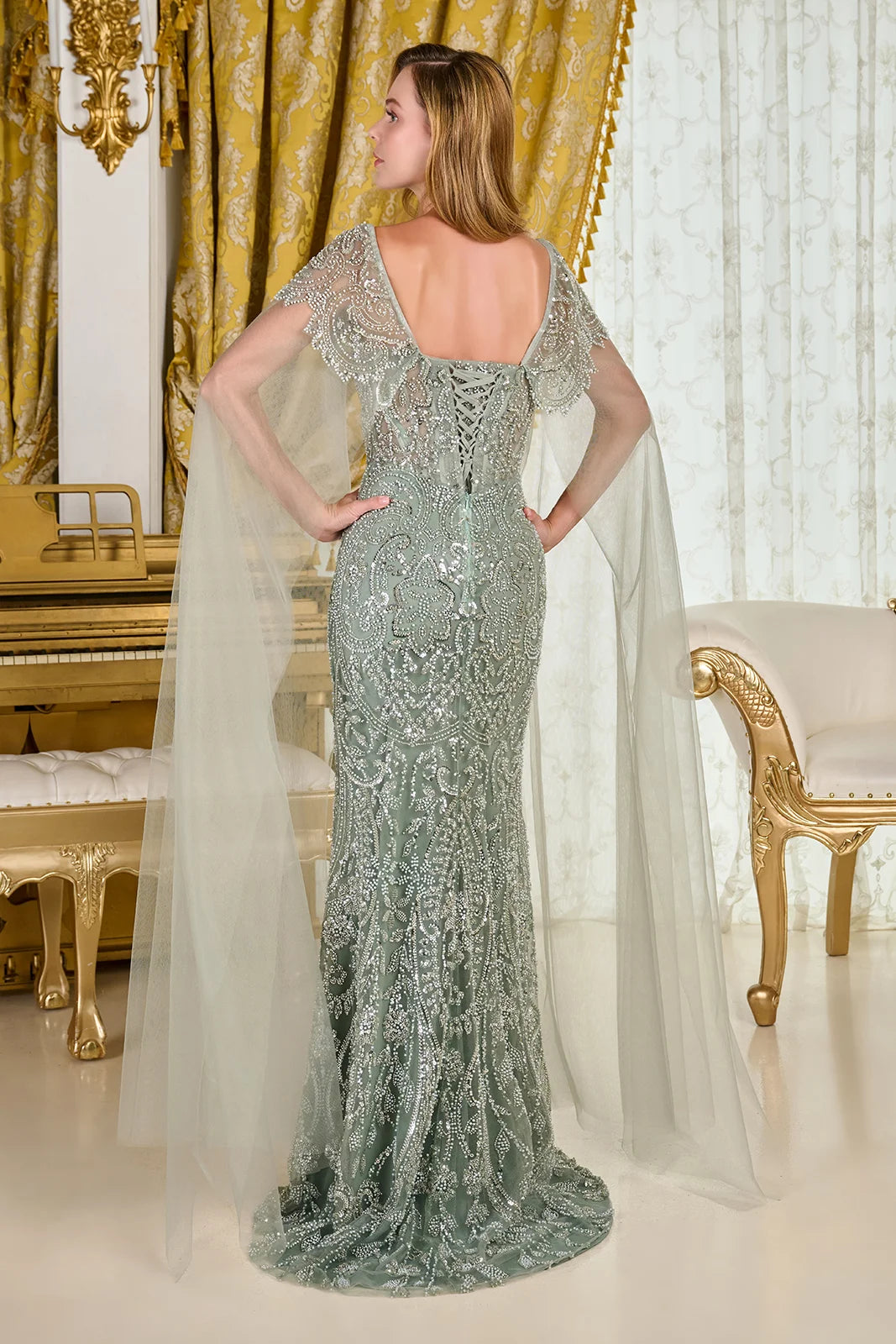 Embellished Cap Sleeves Over Cape Sleeves Fitted Corset Cover Dress