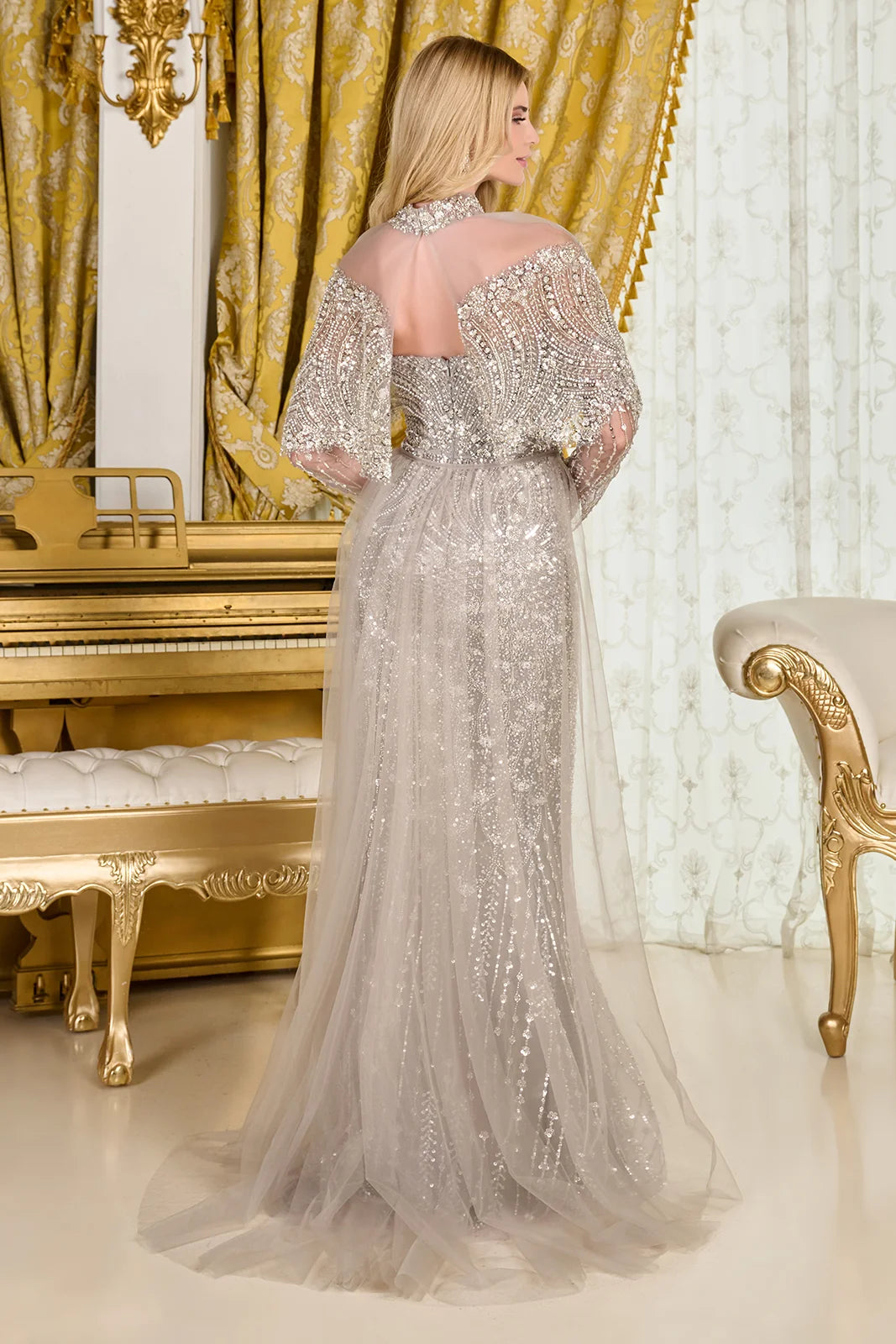 Detached Long Sleeves Embellished Fitted Dress With Matching Capelet And Detachable Overskirt