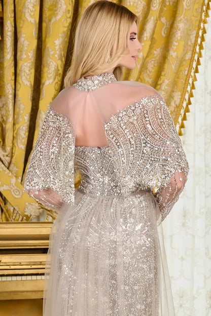 Detached Long Sleeves Embellished Fitted Dress With Matching Capelet And Detachable Overskirt