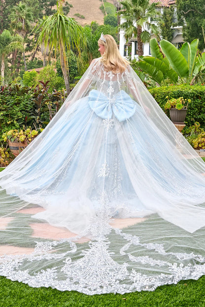 Detachable Off Shoulder Straps V Neckline Ball Gown Train With Detachable Bow Tie Able Cape